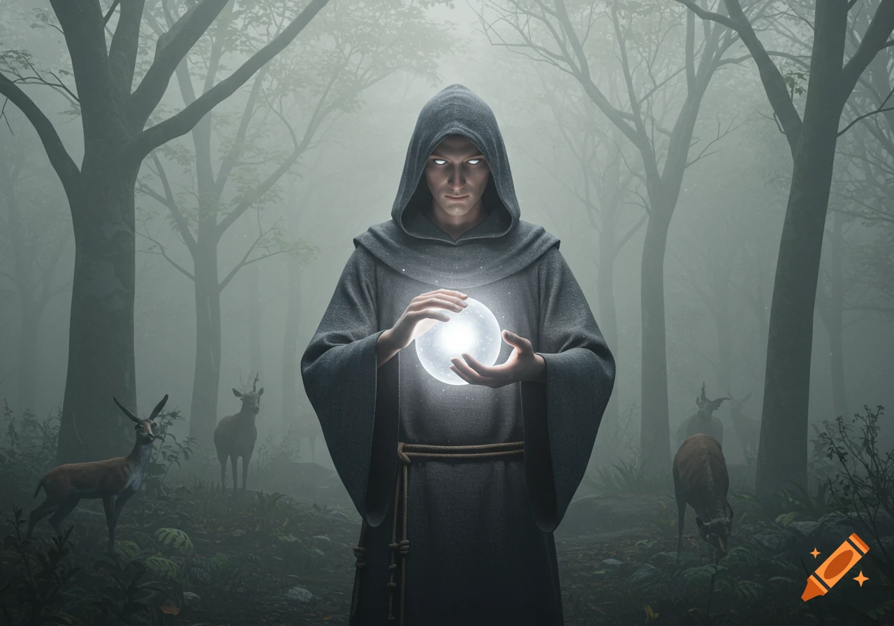 A hooded figure with glowing eyes and a grey robe holds a luminous orb in a misty, ancient forest with deer in the background. Photorealistic style.