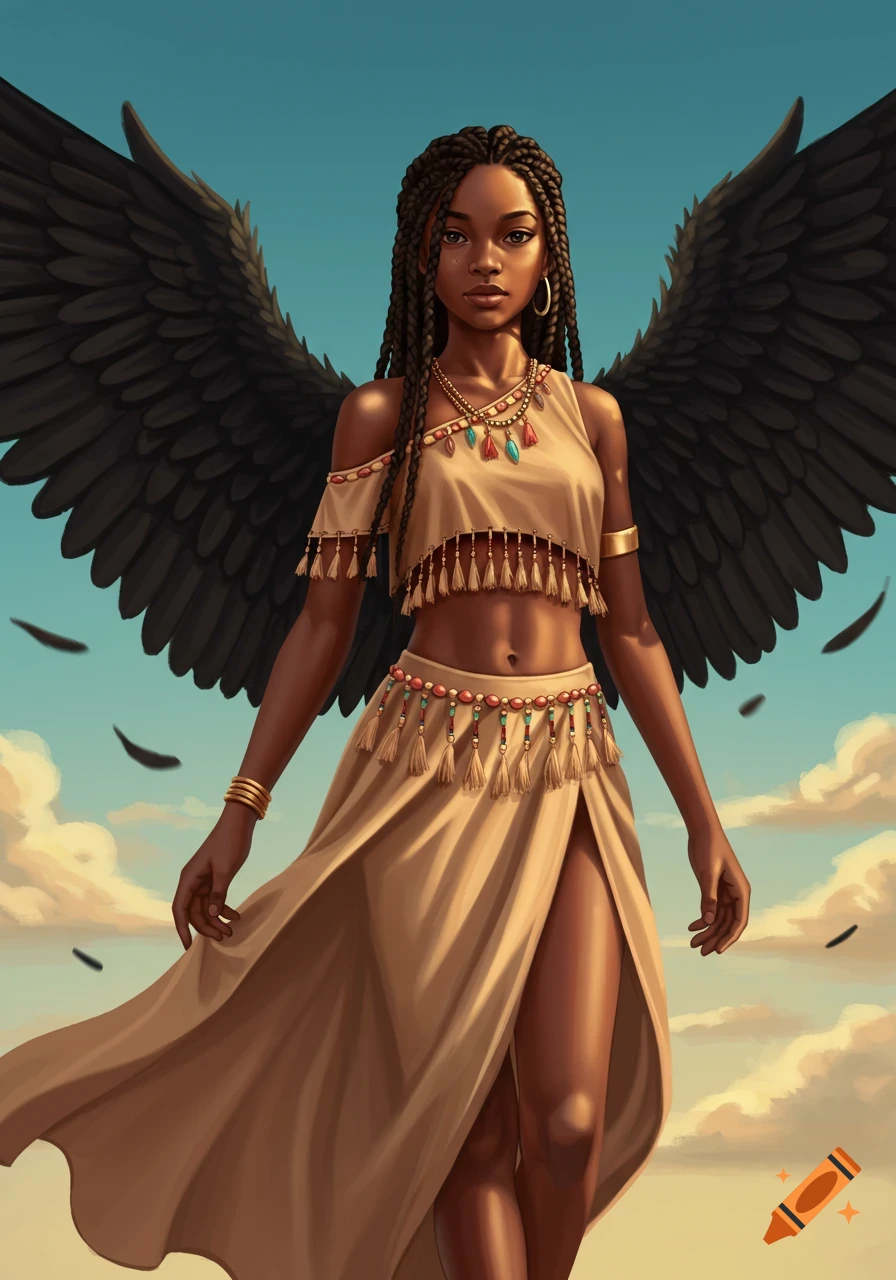 A young Black woman with braids and large black wings wears a tan crop top and a matching long skirt, standing against a cloudy sky.