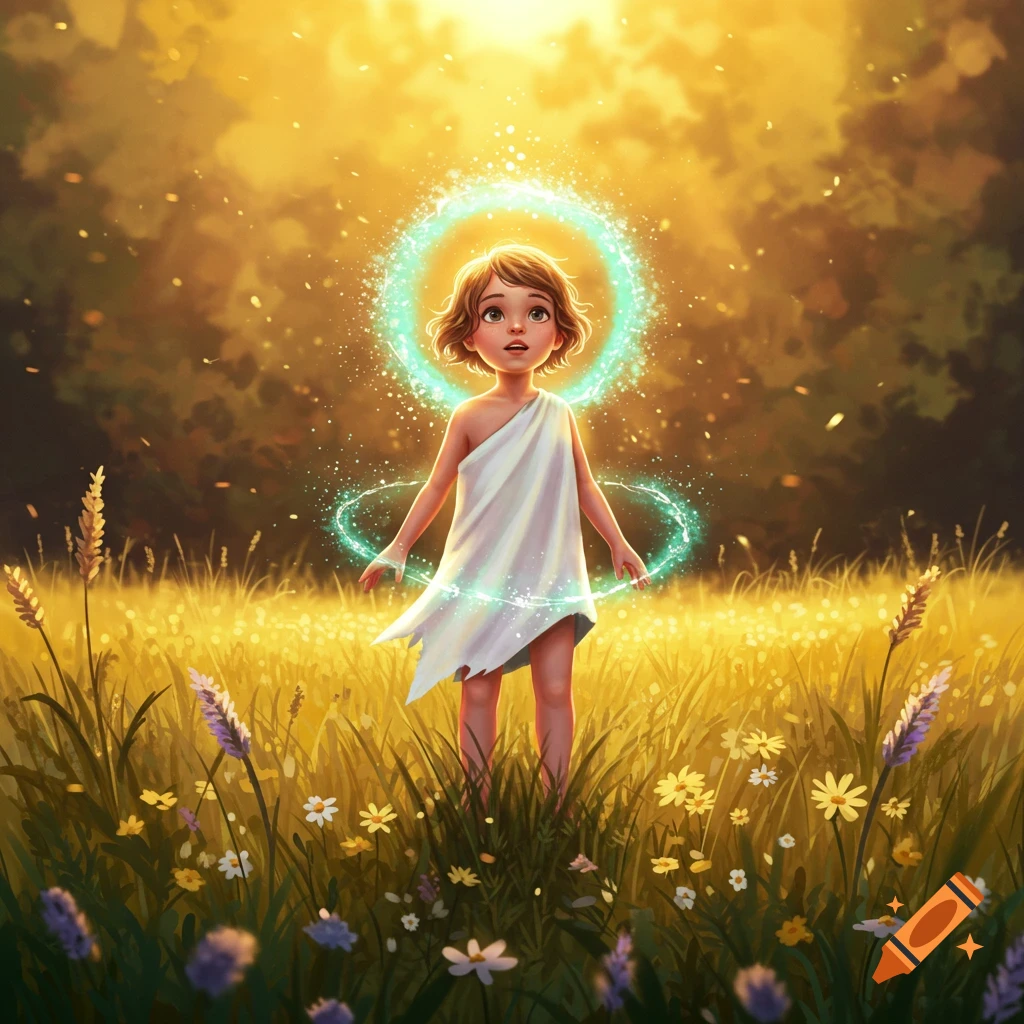 A cute child in a white toga stands in a golden sunlit field with wildflowers, surrounded by a glowing blue aura.