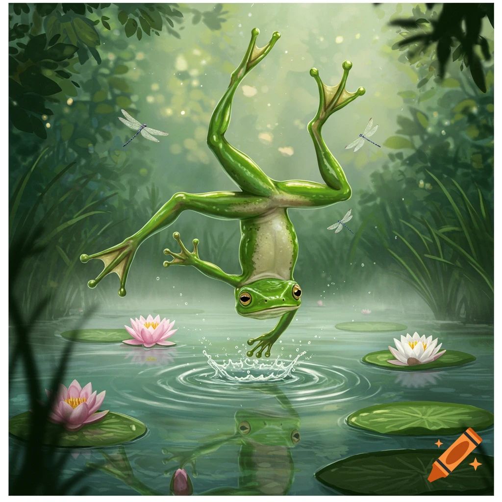 A green frog does a handstand with front paws in a pond, splashing water near pink water lilies and dragonflies in a lush forest.