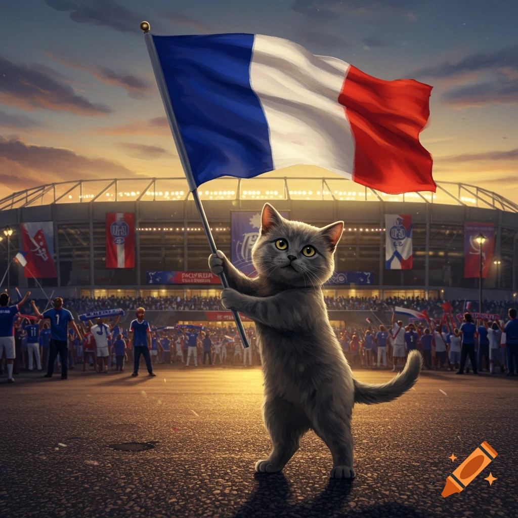 A cartoon grey cat stands on a stadium field, holding a French flag with a crowd and stadium lights in the background at sunset.