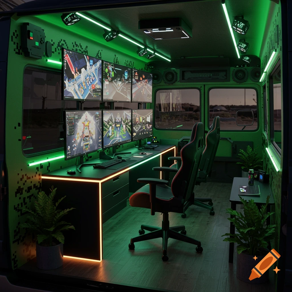 A futuristic green-lit gaming setup inside a van, featuring multiple monitors, ergonomic chairs, and potted plants.