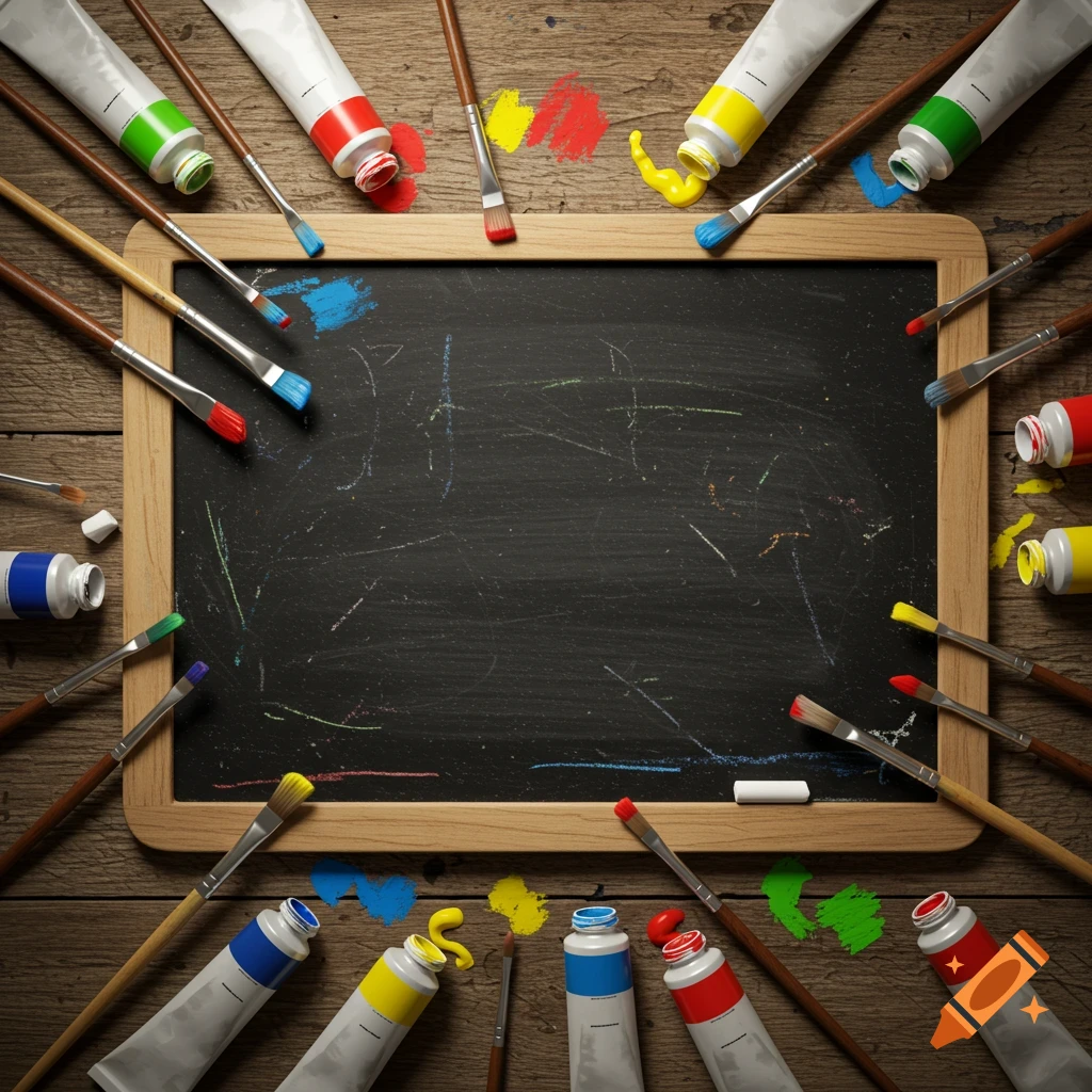Overhead view of a blackboard on a wooden table, surrounded by colorful paint tubes, brushes, and chalk.