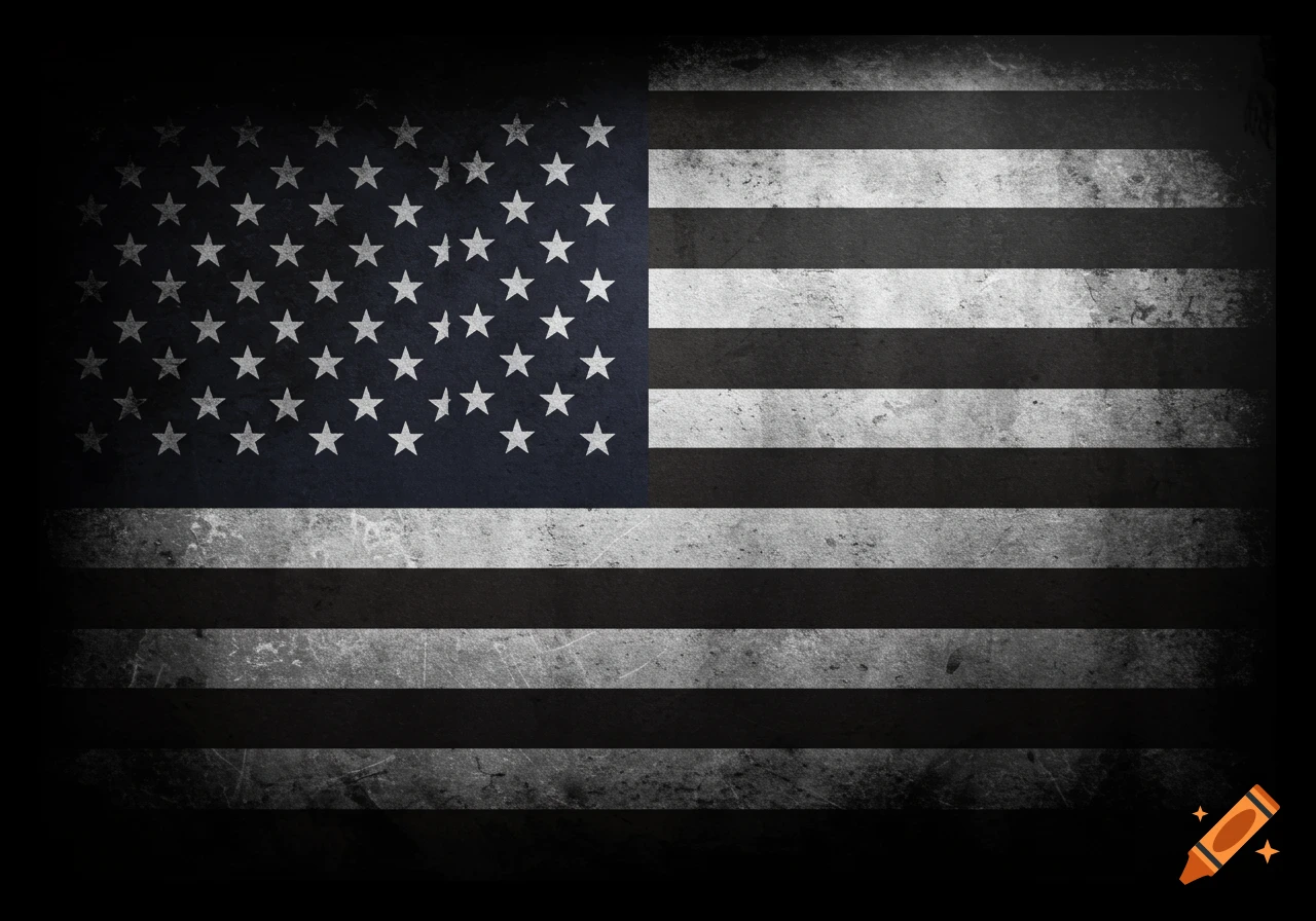 A distressed, grunge-style American flag in black and white, with white stars on a dark blue field and white stripes on a black field.
