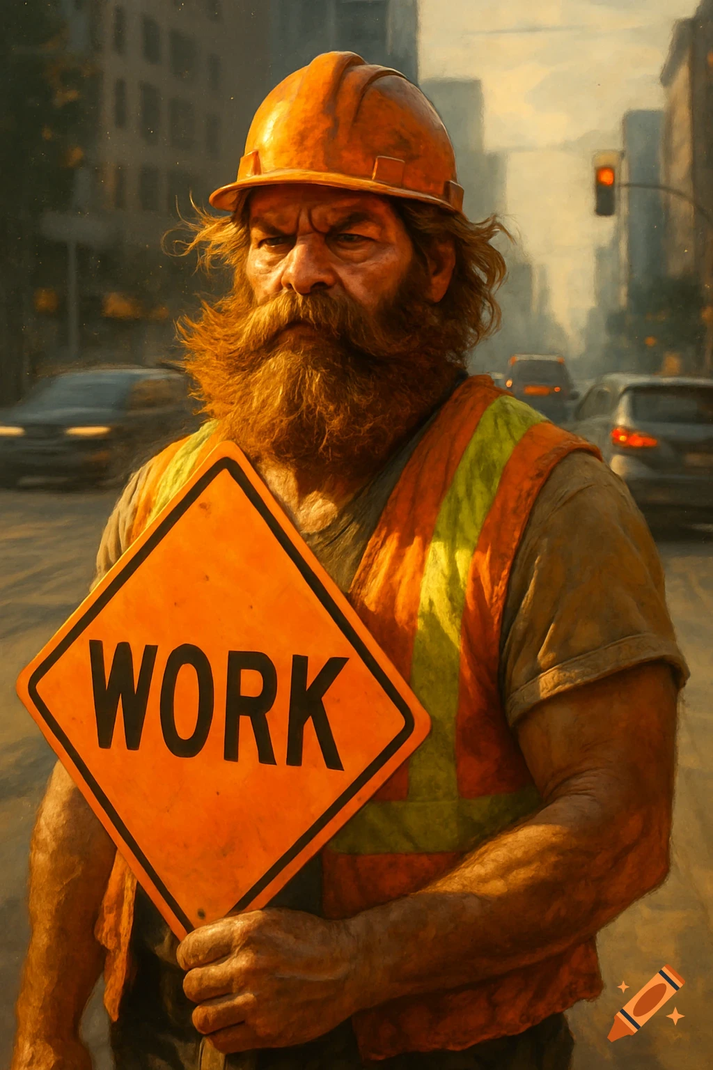 A burly construction worker with a large beard and hard hat holds a 'WORK' road sign on a busy city street.