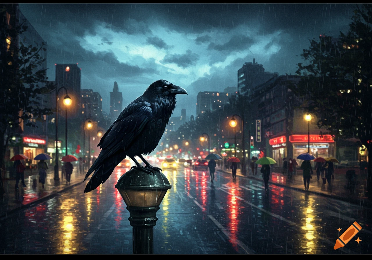 A black crow perches on a street lamp in a dark, rainy city street, reflecting colorful lights, with people under umbrellas.