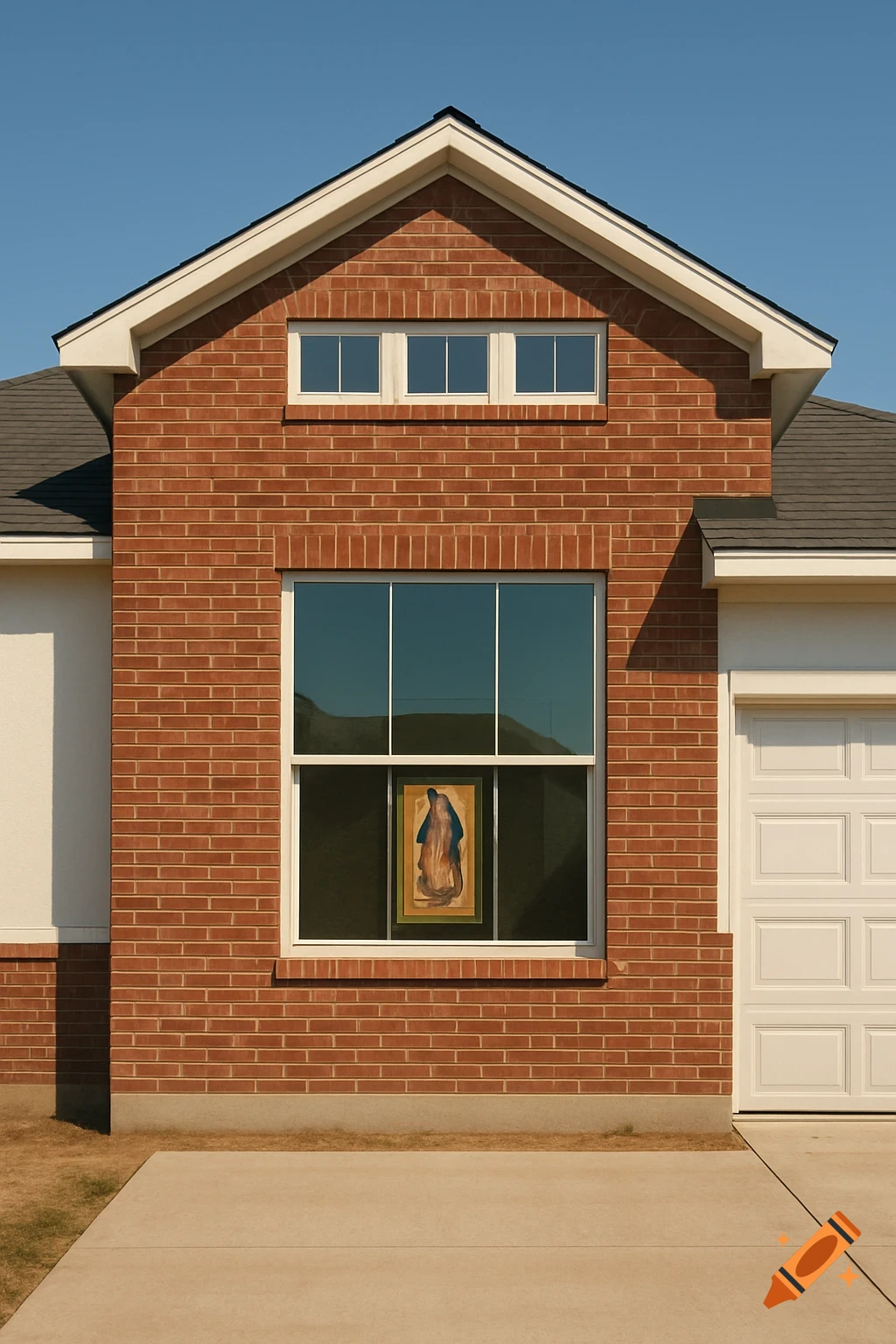 A photorealistic image of a brick house facade with white trim, a garage door, and a framed painting of Our Lady of Guadalupe visible in a large window.