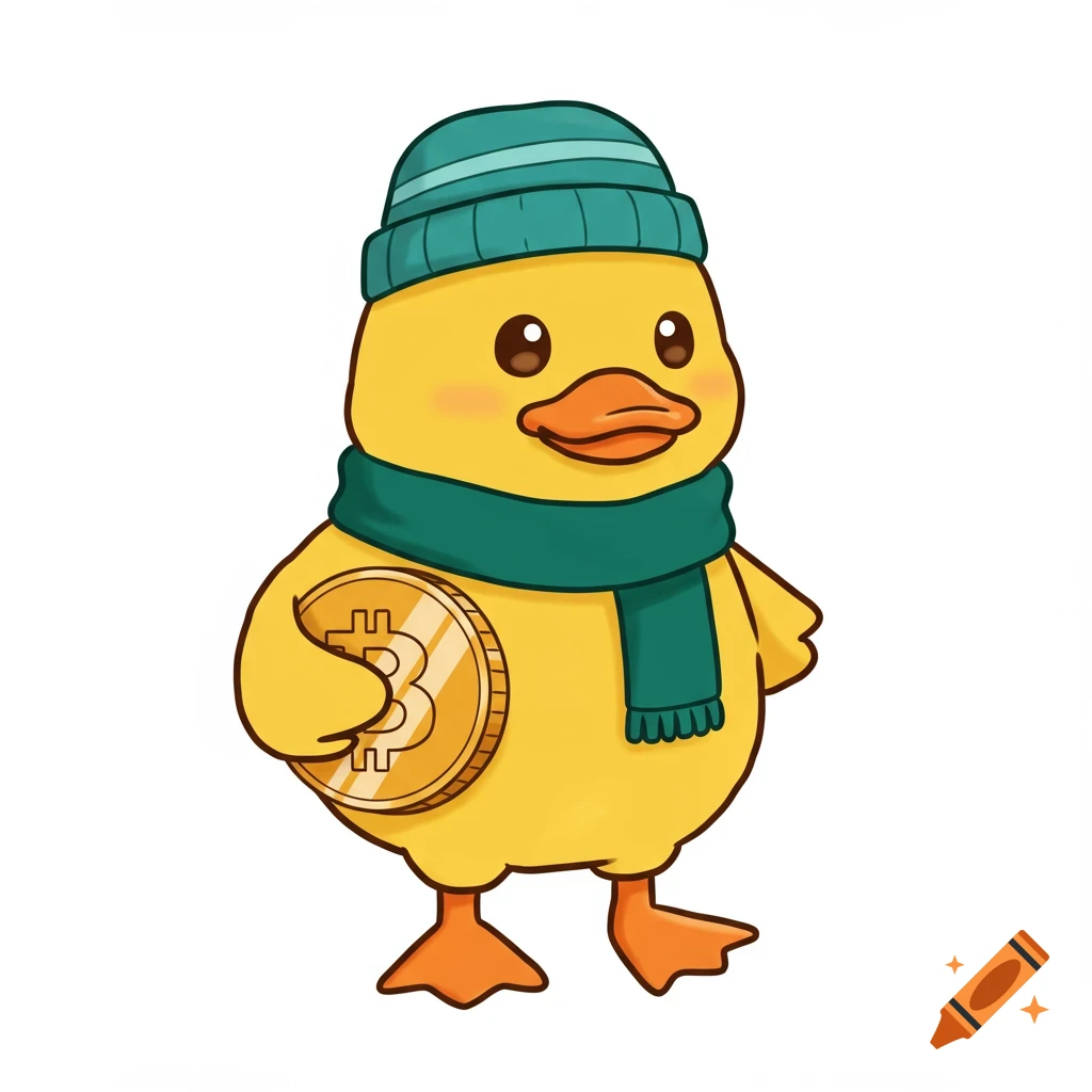 A cute cartoon yellow duck wearing a teal beanie and green scarf, holding a gold Bitcoin coin.