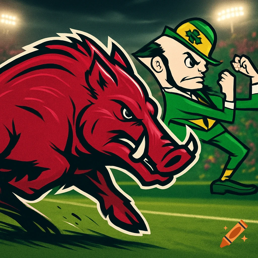 Cartoon illustration of a red wild hog mascot chasing a leprechaun mascot on a green sports field.