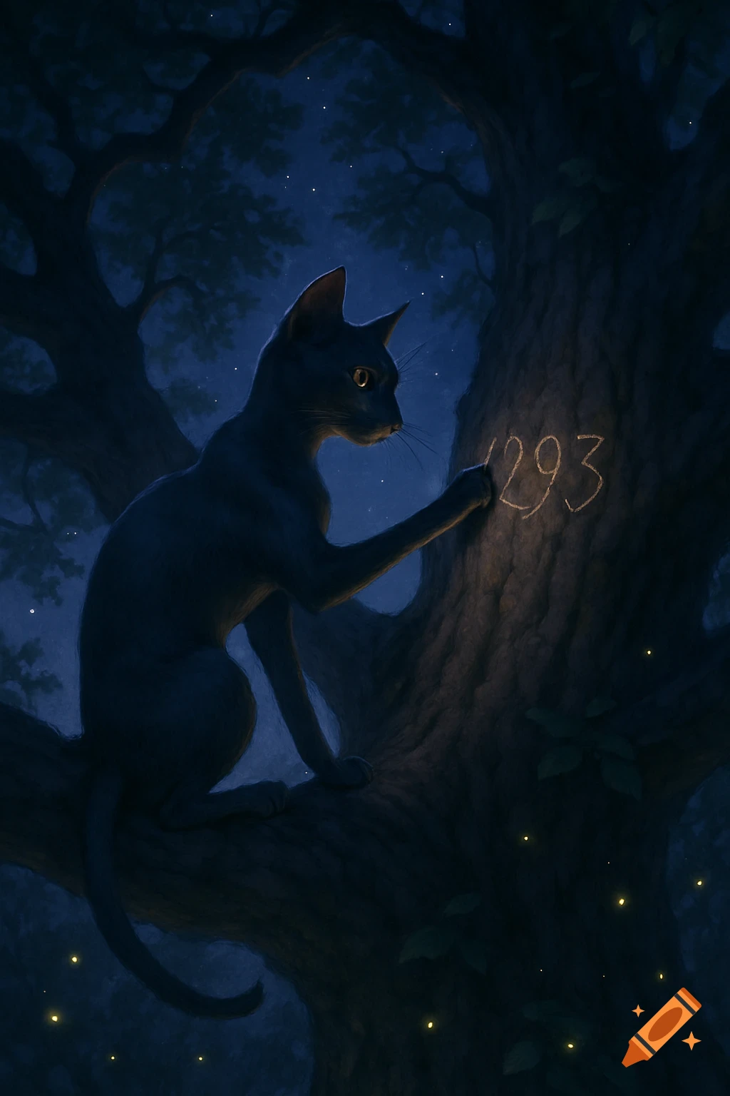 A black cat carves '1293' into a tree trunk on a dark, starry night. Digital art style.