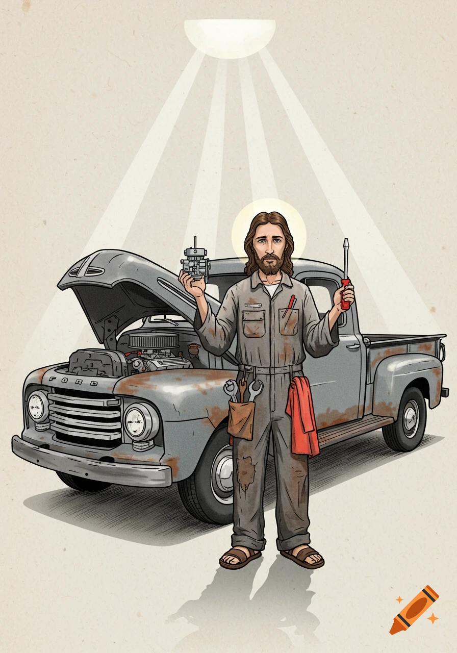 Watercolor illustration of Jesus in dirty coveralls and sandals, holding car parts, next to a rusty vintage Ford pickup with hood open.