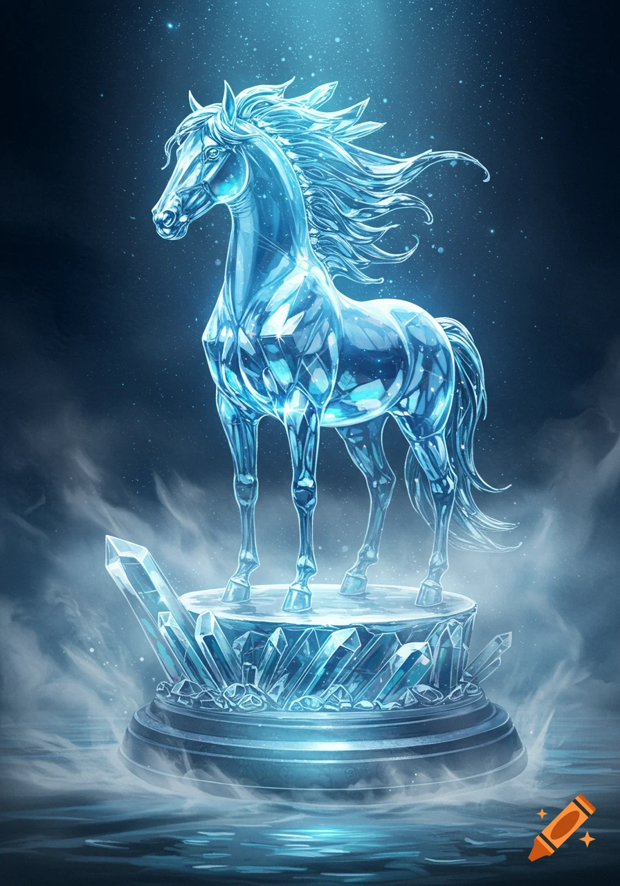A glowing blue crystal horse sculpture stands on a pedestal of ice crystals, surrounded by mist in a dark, starry fantasy setting.
