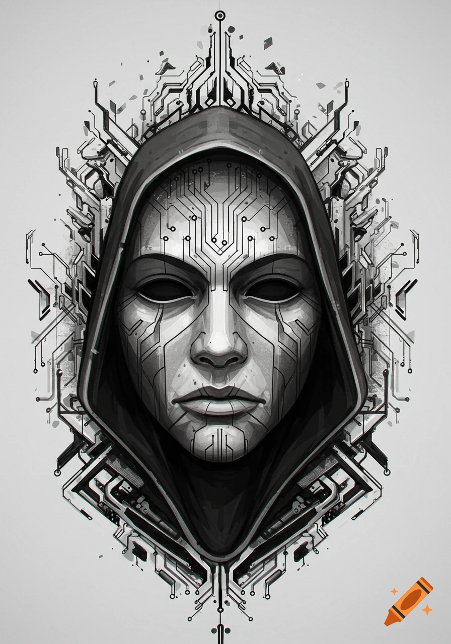 Black and white illustration of a hooded figure with a cybernetic circuit board face, resembling a tattoo design.