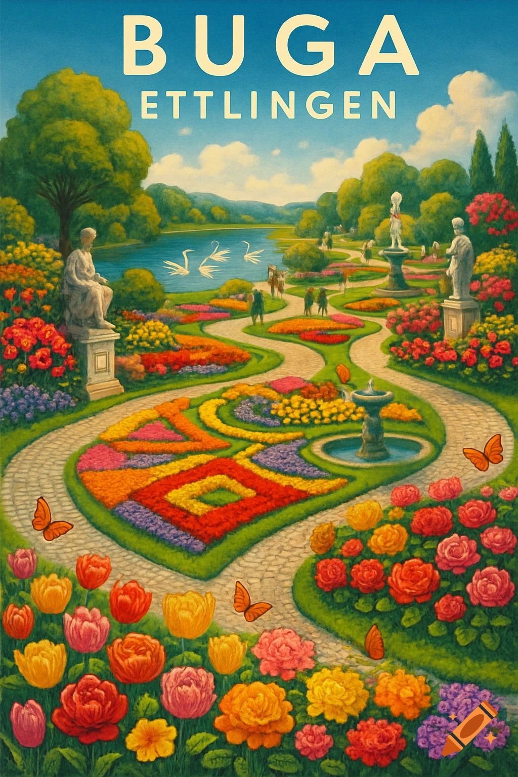 Vibrant illustration of a grand garden with colorful flowerbeds, statues, a lake with swans, and people. Text 'BUGA Ettlingen'.