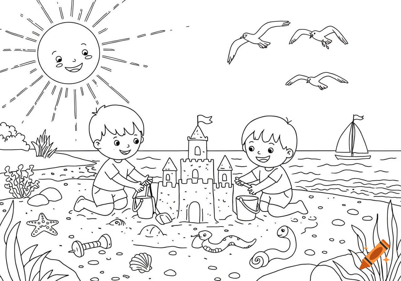 Two happy children build a sandcastle on a sunny beach, with seagulls flying and a sailboat in the water, in a black and white coloring book style.