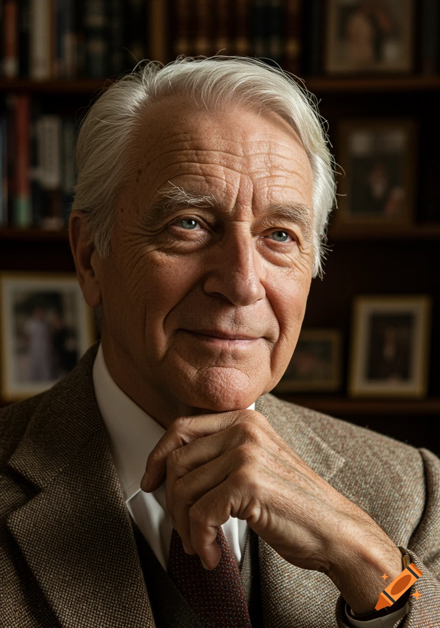 Photorealistic portrait of a smiling elderly man with white hair, resting his chin on his hand, against a blurred bookshelf background.