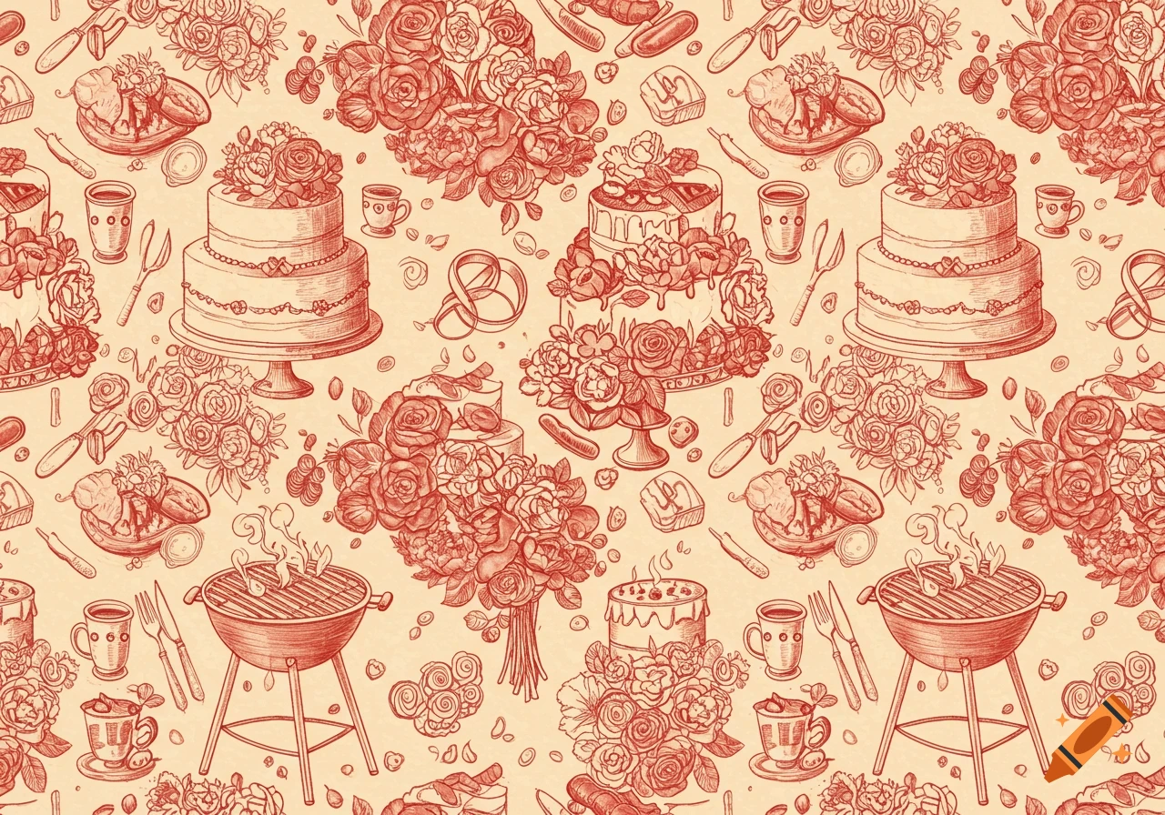 Seamless red toile pattern featuring wedding cakes, flowers, rings, BBQ grills, plates, and cups.