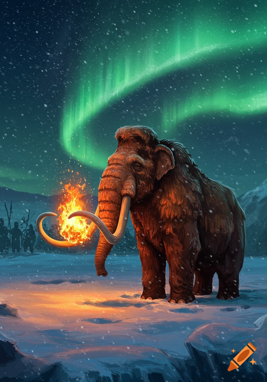 A woolly mammoth with flaming tusks stands in a snowy landscape under the aurora borealis, watched by ancient humans.