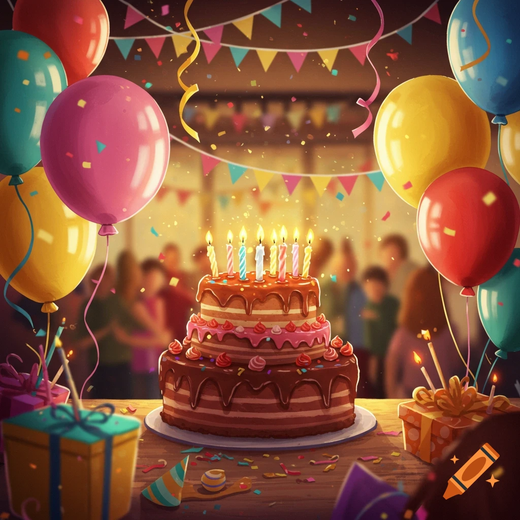 A vibrant birthday celebration with a tiered cake topped with lit candles, colorful balloons, and wrapped gifts.