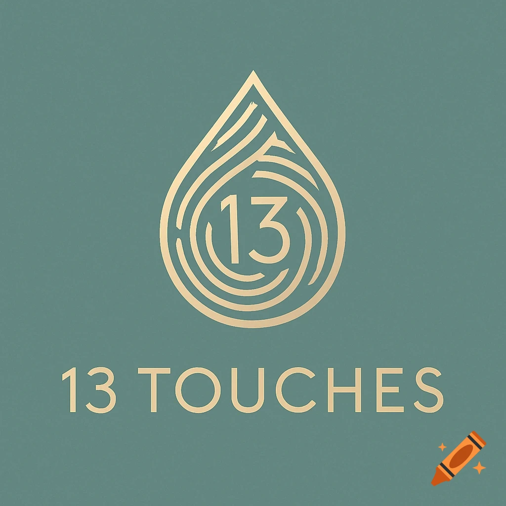 Gold logotype of a drop with lines and '13' inside, '13 TOUCHES' text below, on a teal background.