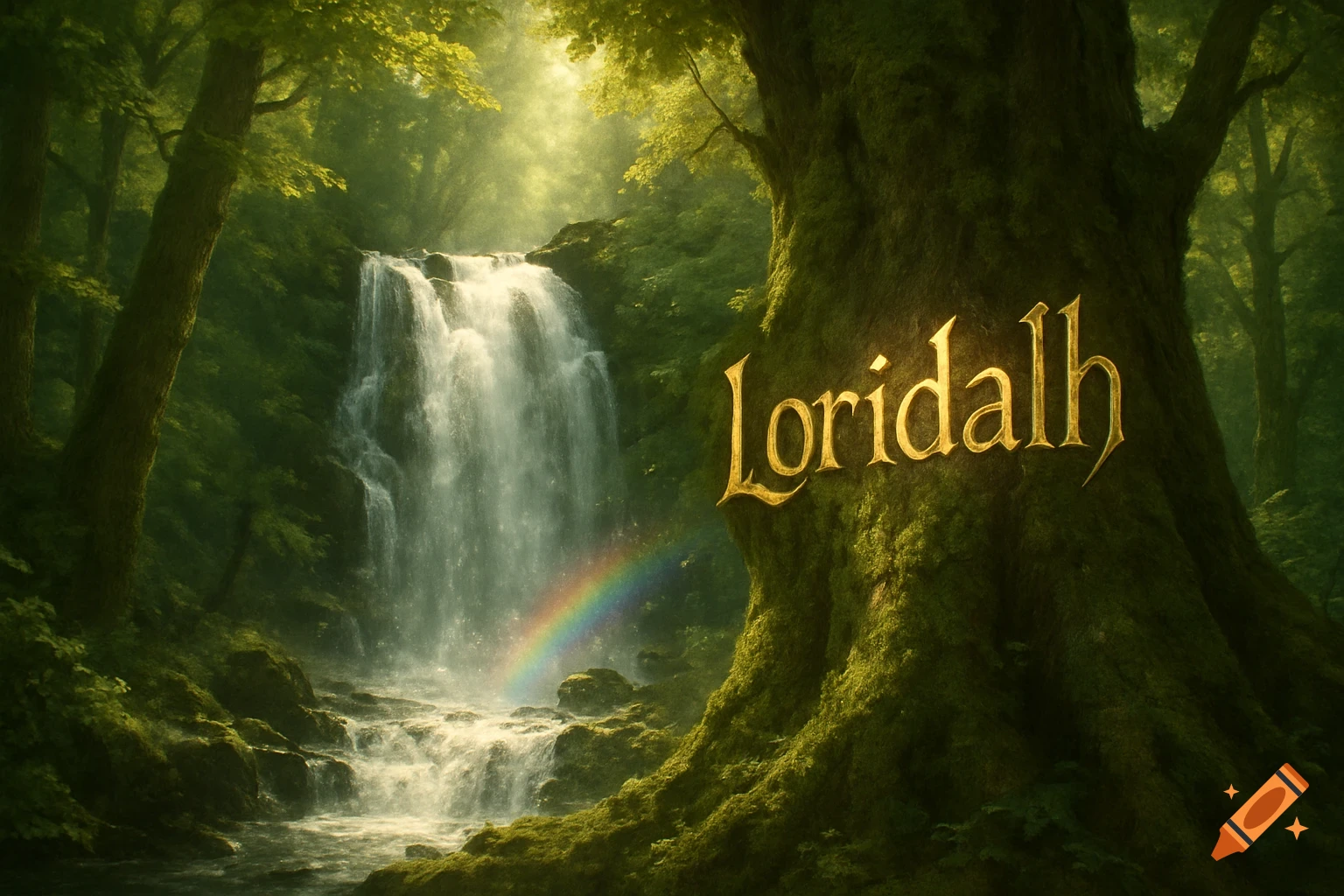 Lush fantasy forest with a majestic waterfall, sunlight, a rainbow, and golden 'Loridalh' text on a large mossy tree.