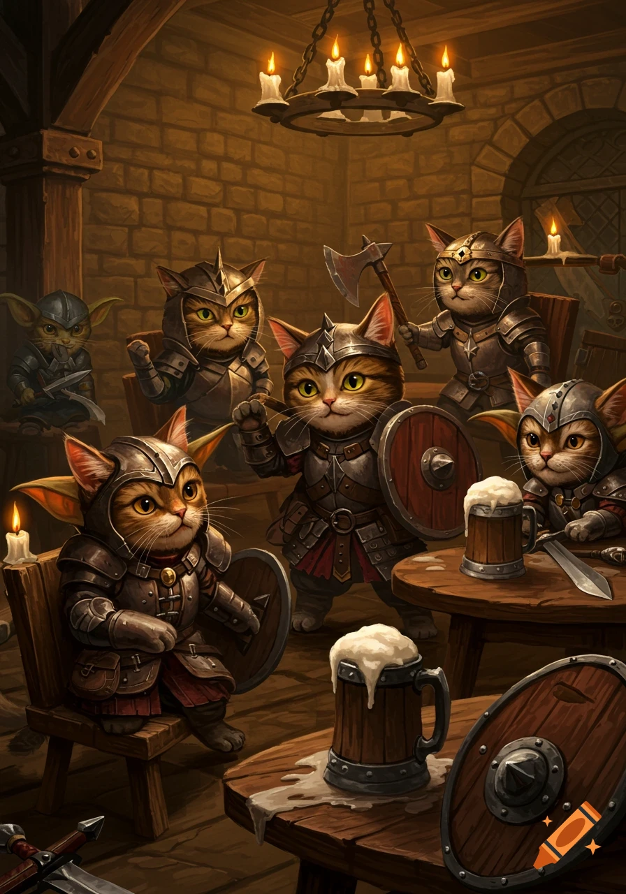 A group of anthropomorphic cats in medieval armor with weapons and beer mugs in a rustic tavern.