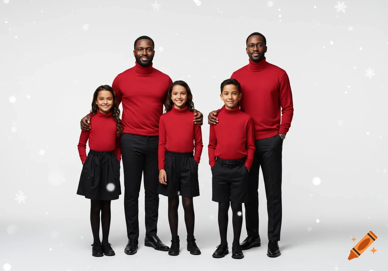 Two men and four children in matching red turtlenecks and black outfits pose for a holiday studio portrait with snowflakes.