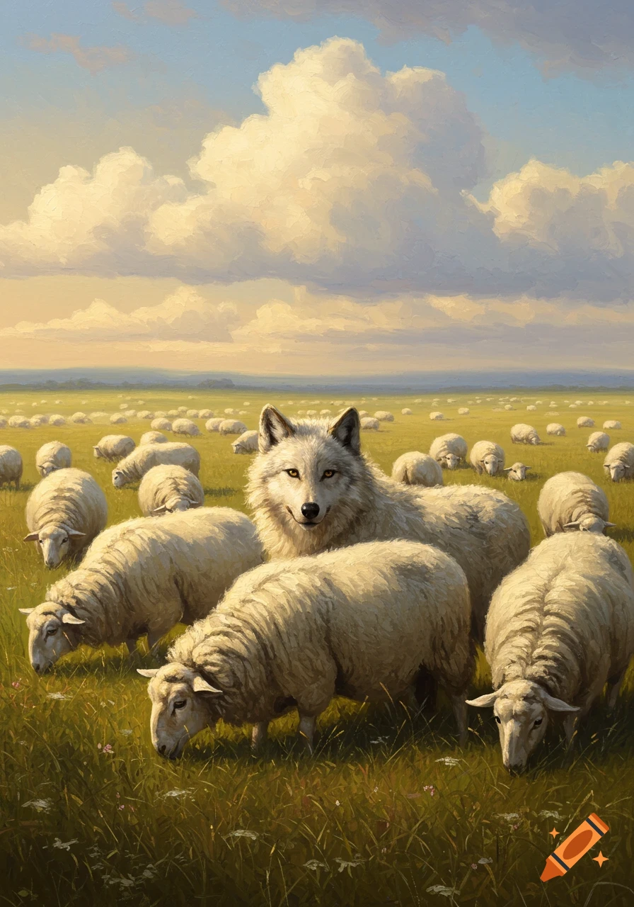 A white wolf among sheep in a grassy field under a cloudy sky, painted in Ivan Aivazovsky style.