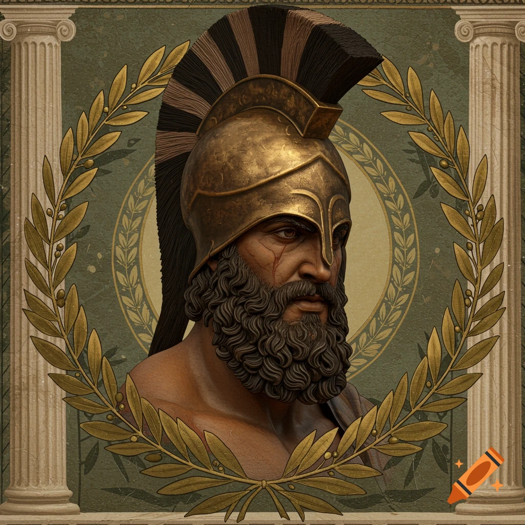 A bust of a bearded ancient Greek warrior in a golden helmet, framed by a laurel wreath and columns, in a classical art style.
