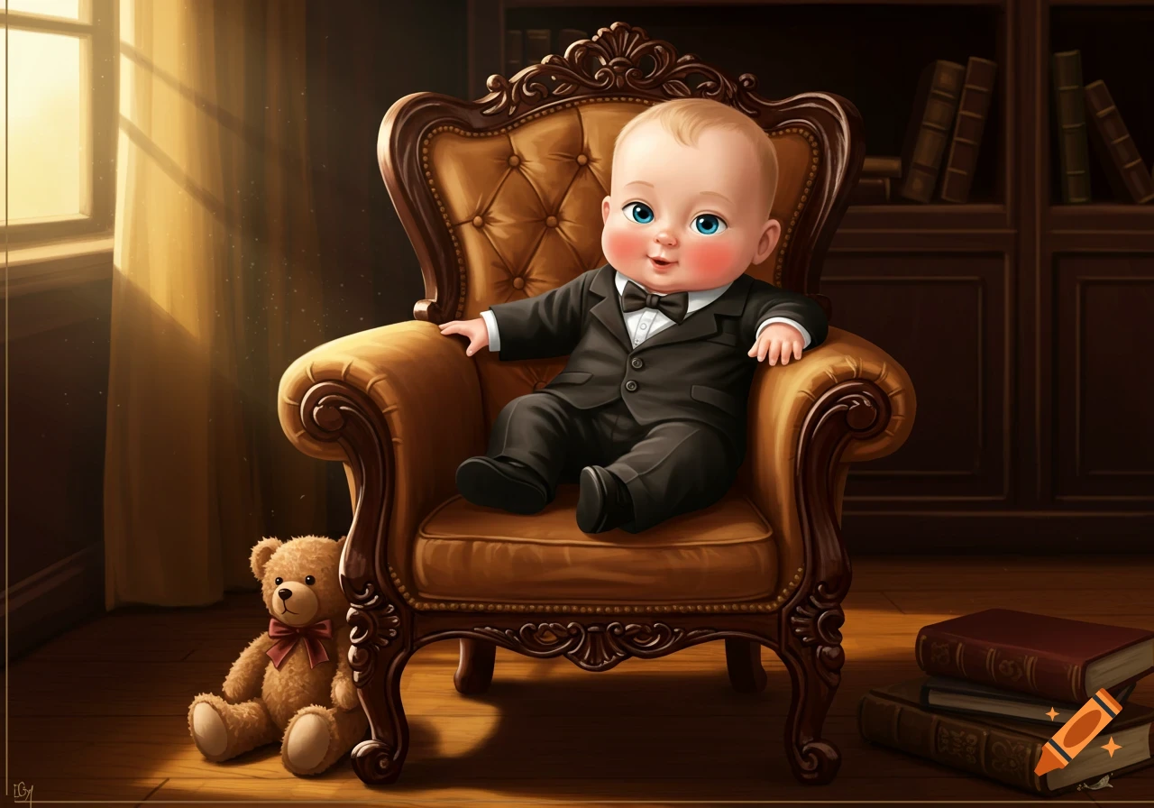 A cute cartoon baby in a black suit and bow tie sits in a lavish brown armchair, with a teddy bear beside it.