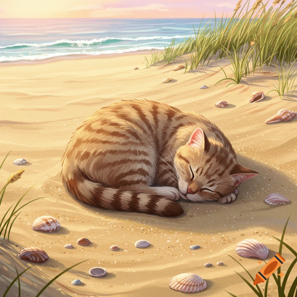 An illustration of a striped tabby cat sleeping curled up on a sandy beach with seashells, grass, and ocean waves.
