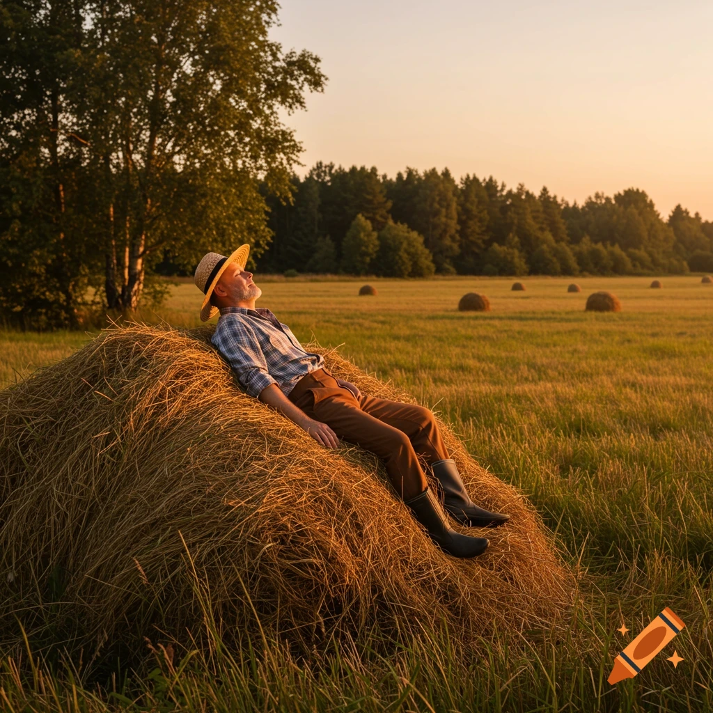 A farmer in a hat and plaid shirt rests on a haystack in a golden field at sunset.