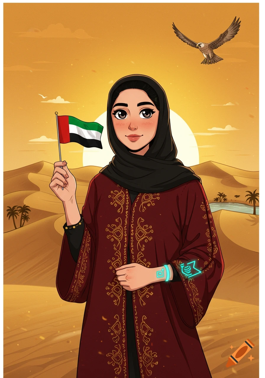 Stylized digital illustration of an Emirati woman in a traditional abaya holding a UAE flag in a desert sunset with a falcon flying above.