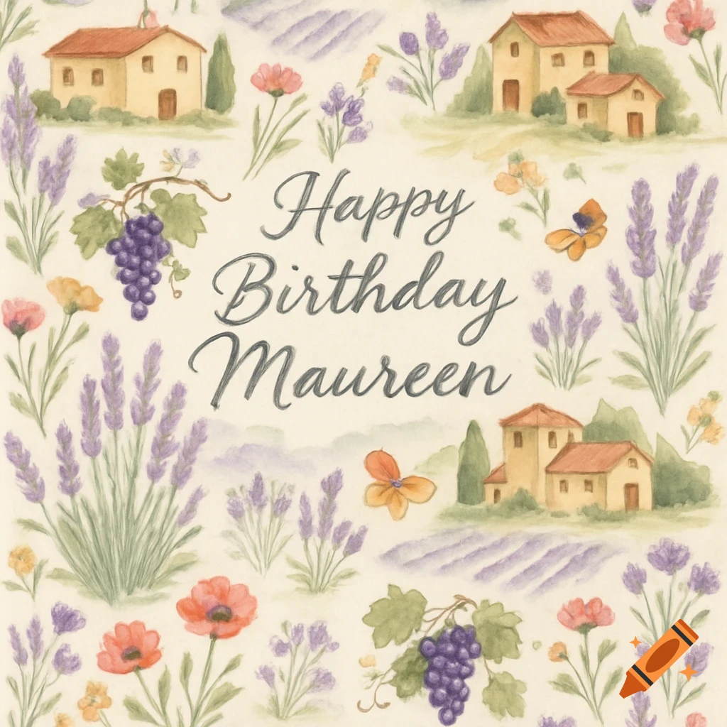 Watercolor illustration for 'Happy Birthday Maureen' with houses, lavender fields, grapes, and butterflies in a French countryside style.