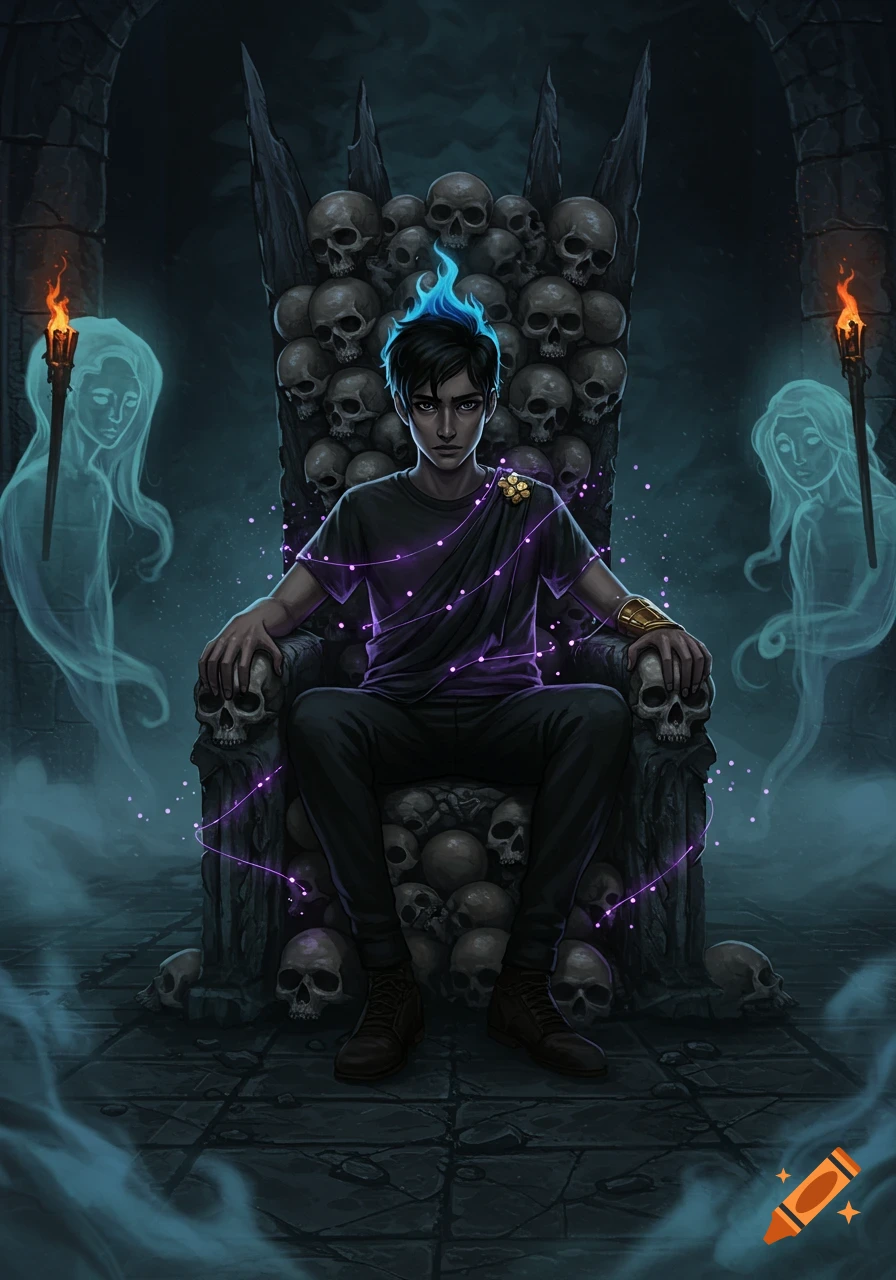 A dark fantasy illustration of a young man with blue fiery hair on a skull throne, flanked by ghostly figures in a dim chamber.