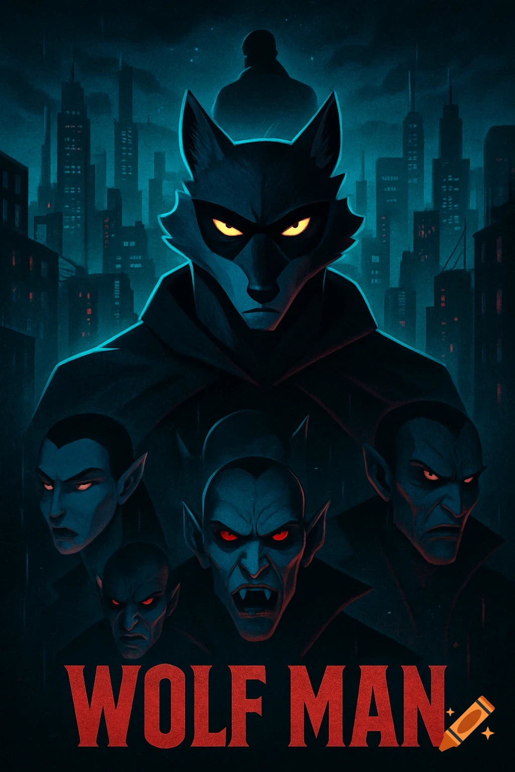 A dark animated movie poster featuring a masked wolf-man with glowing yellow eyes towering over vampires, set against a dark cityscape. Text: WOLF MAN.
