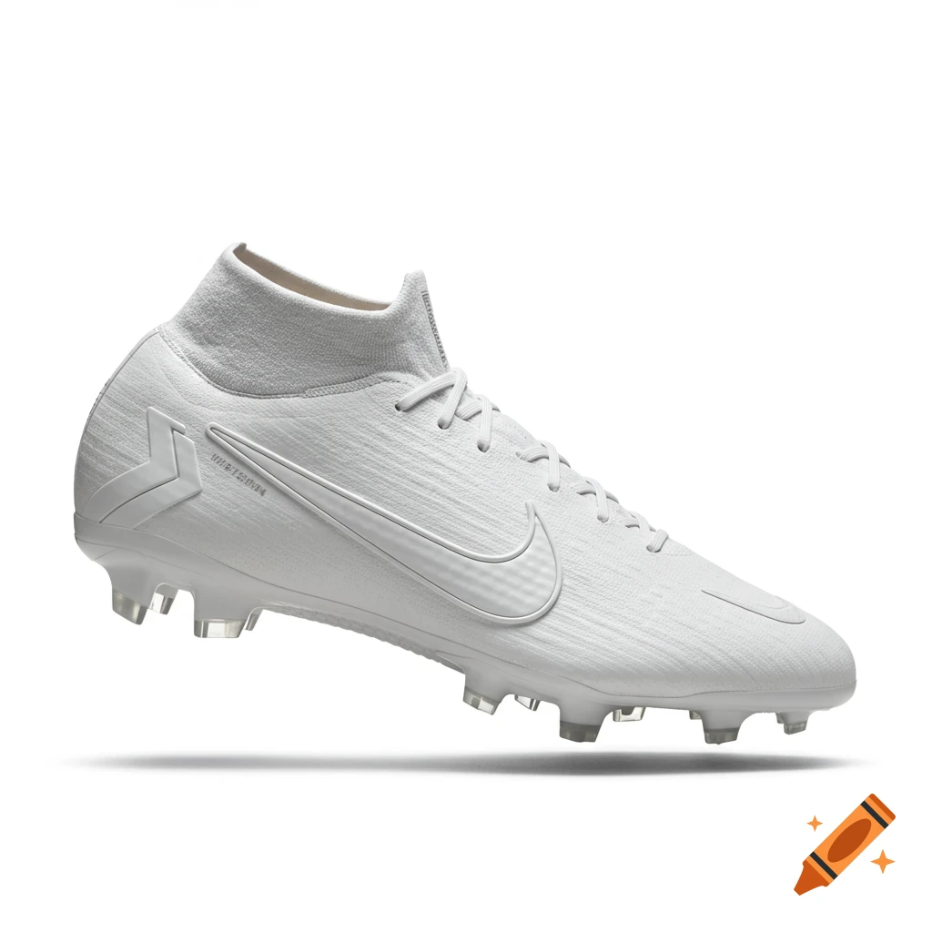 A minimalist white Nike soccer cleat with a high-top knitted collar, floating against a blank white background.