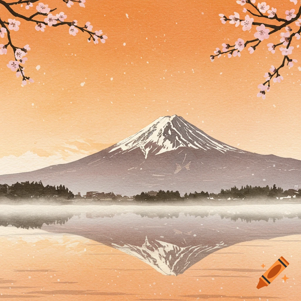 Japanese watercolor painting of Mount Fuji with a snow-capped peak reflecting in still water, under an orange sky with cherry blossom branches.