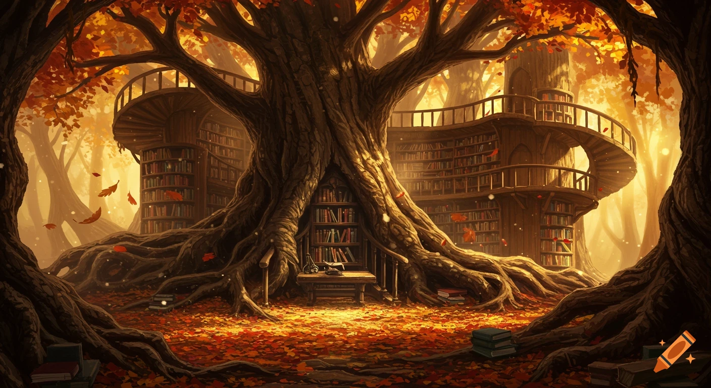A detailed fantasy library built into a massive tree, featuring carved bookshelves, spiral stairs, golden autumn leaves, and soft light.