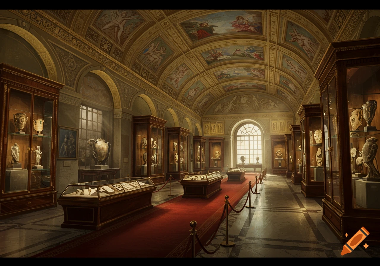 A grand, long museum hall with a red carpet leading through display cases of ancient artifacts, lit by a large window.