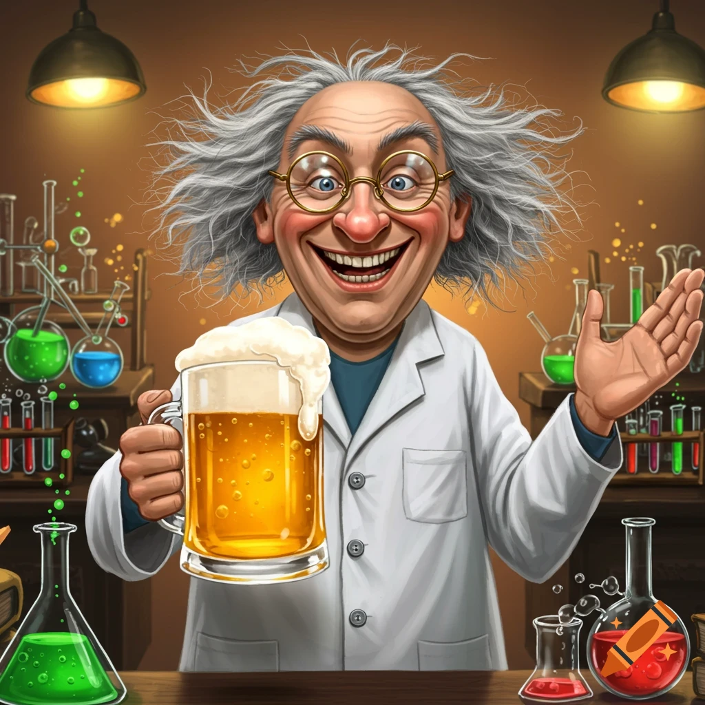 A cheerful, wild-haired cartoon professor in a lab coat holding a frothy mug of beer in a science lab.