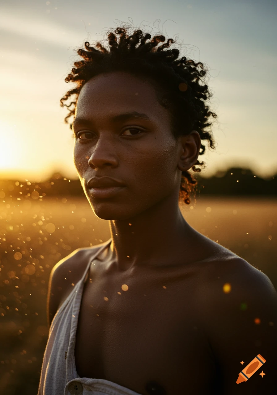 Photorealistic portrait of a person with curly hair and a loose garment at golden hour in a field, with visible dust particles.