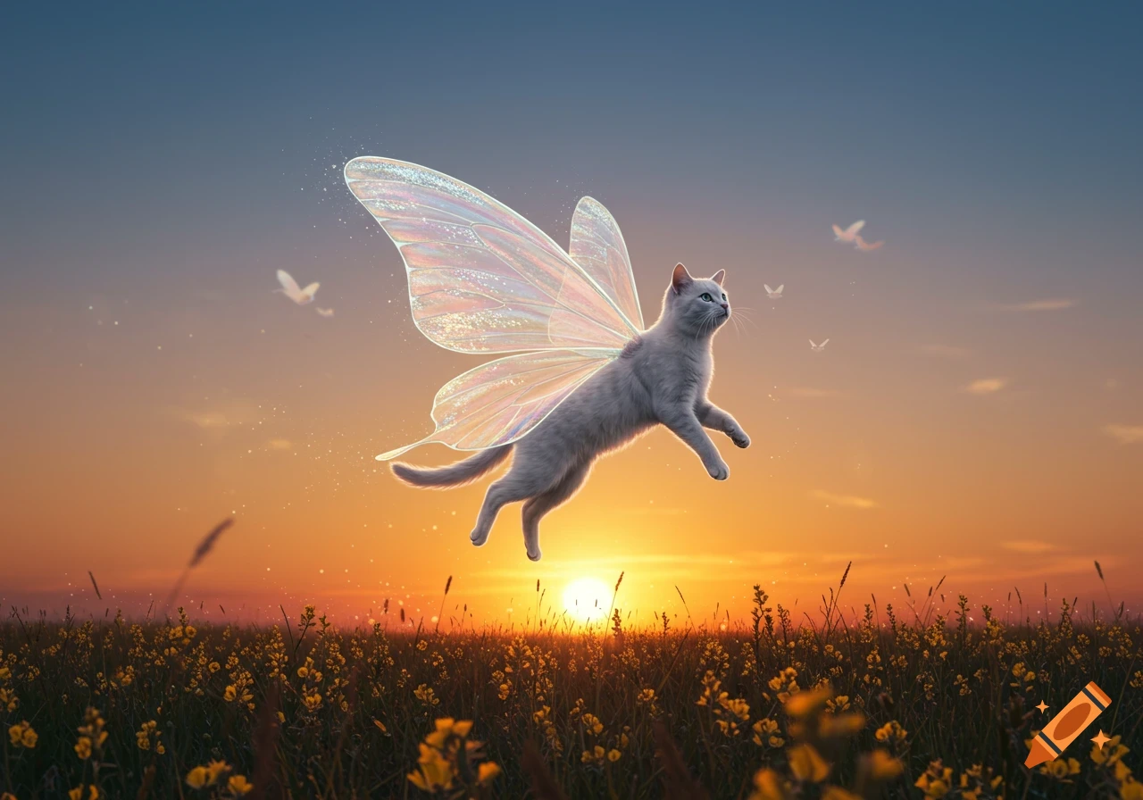 A grey cat with iridescent fairy wings flies over a field of yellow flowers at sunset, with an orange and blue sky.