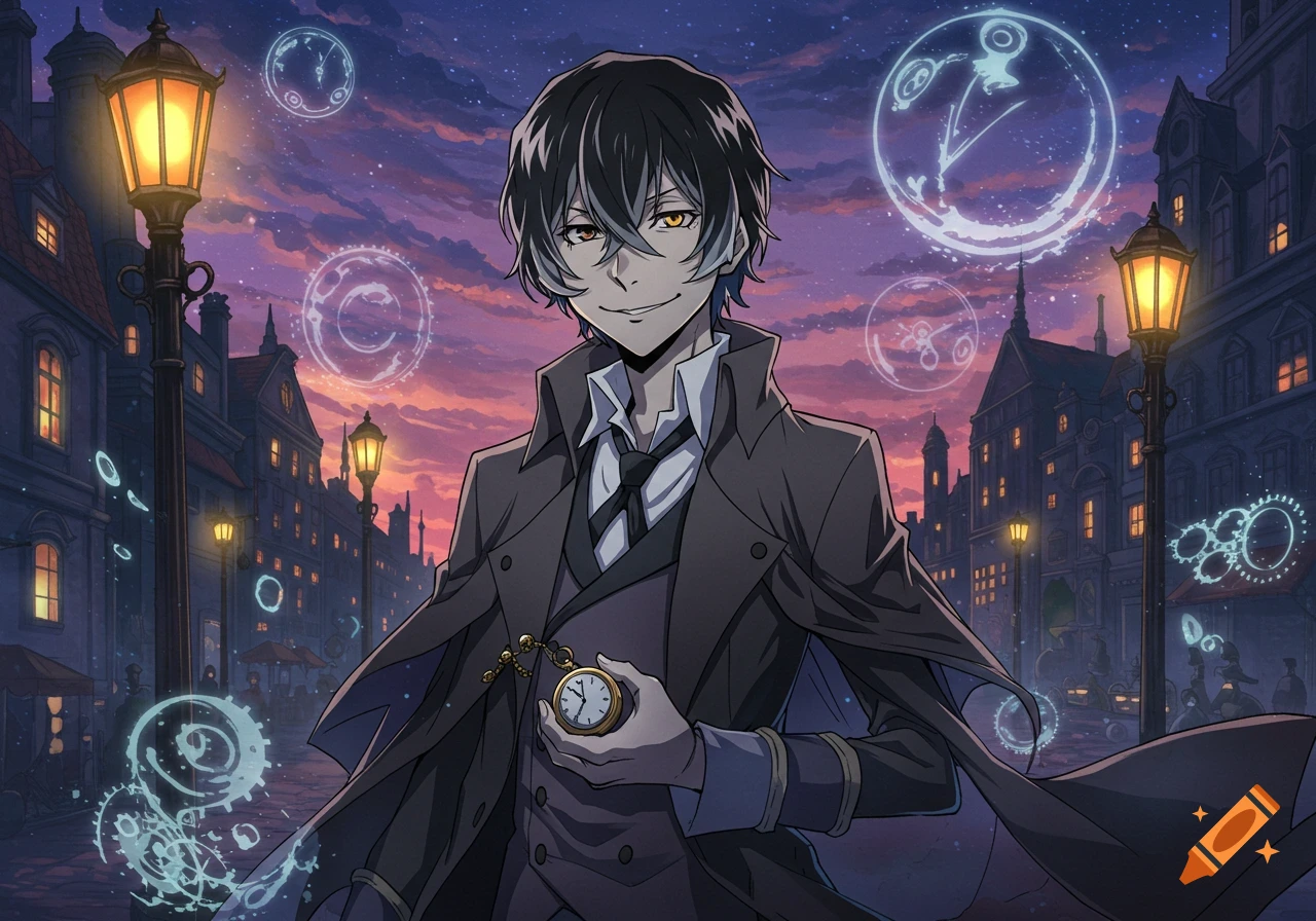 An anime boy with black and silver hair, mismatched eyes, and a trench coat holds a pocket watch in a twilight cityscape with glowing magic.