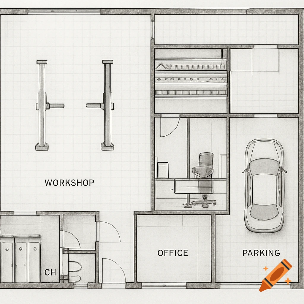 Overhead view of a detailed black and white floor plan for a workshop, office, and parking area, with labels.
