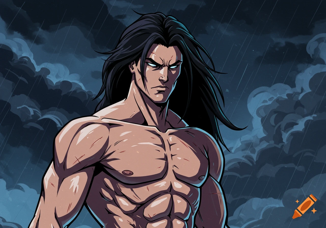 A muscular, long-haired man with glowing eyes looks serious in a dark, rainy cartoon style.