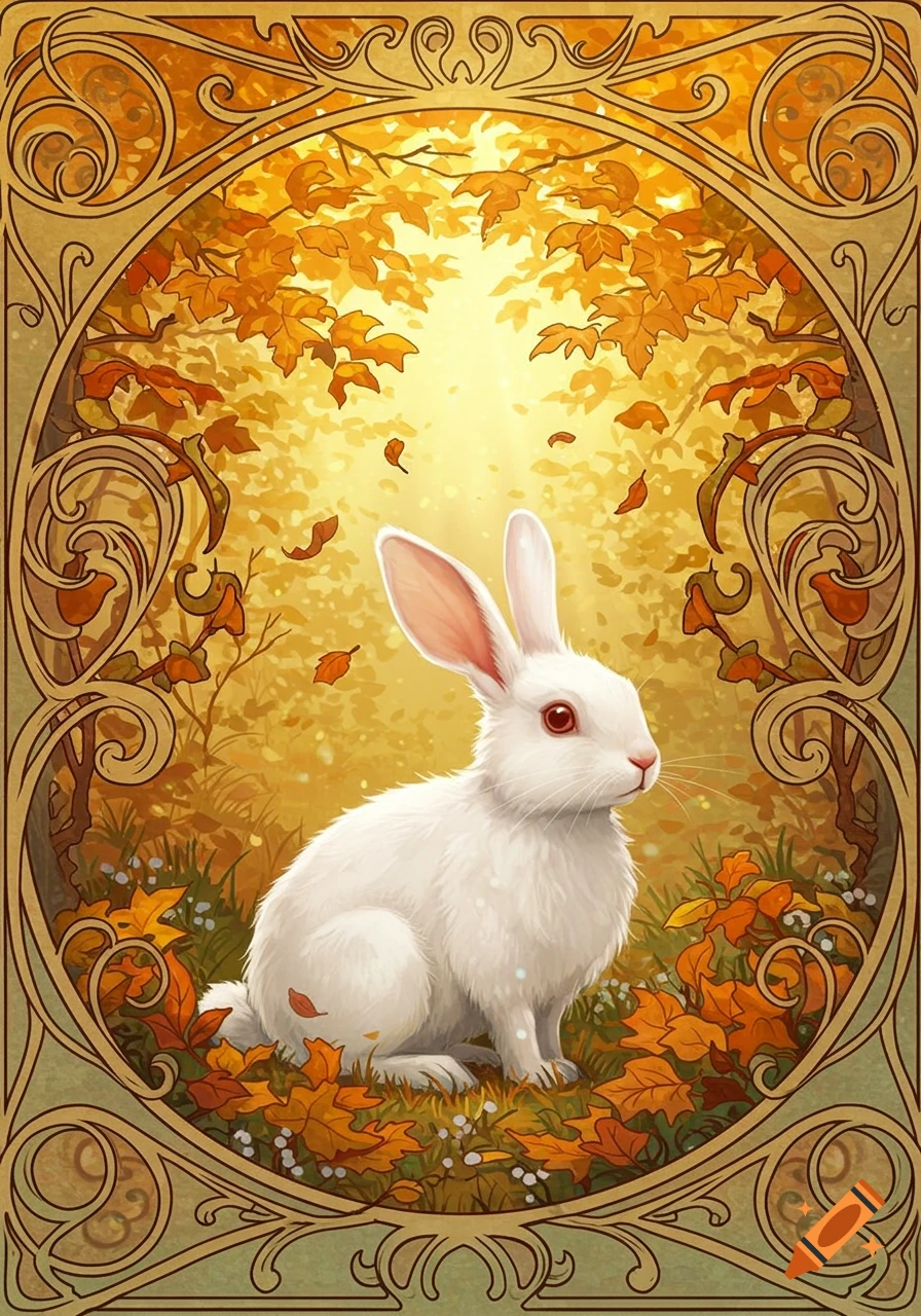 A white rabbit sits on an autumn forest floor with fallen leaves, framed by an intricate Art Nouveau design.