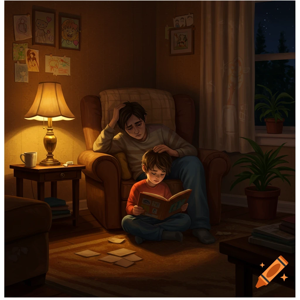 A father gently rests his hand on his son's head as the son reads a book on the floor in a dimly lit, cozy living room.