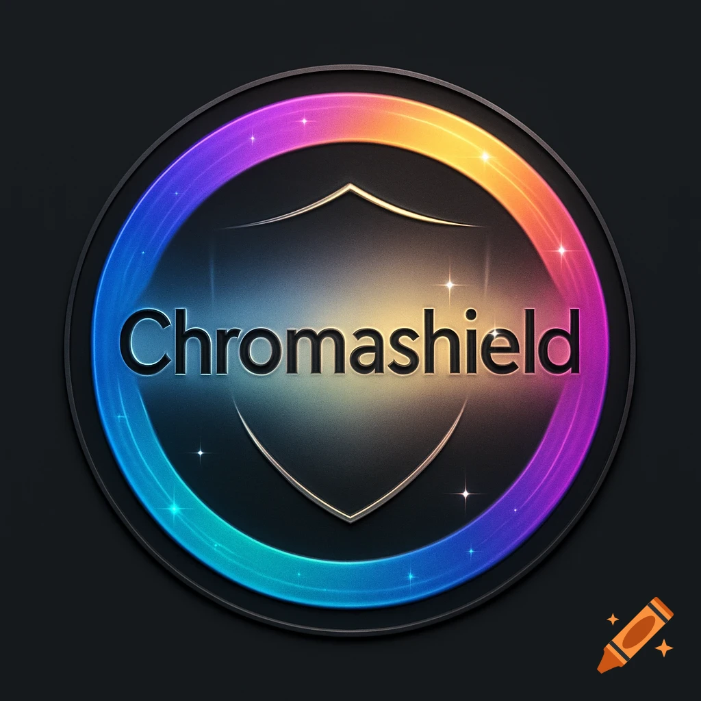 A circular emblem featuring a rainbow gradient halo surrounding a dark shield, with the word 'Chromashield' centrally placed.