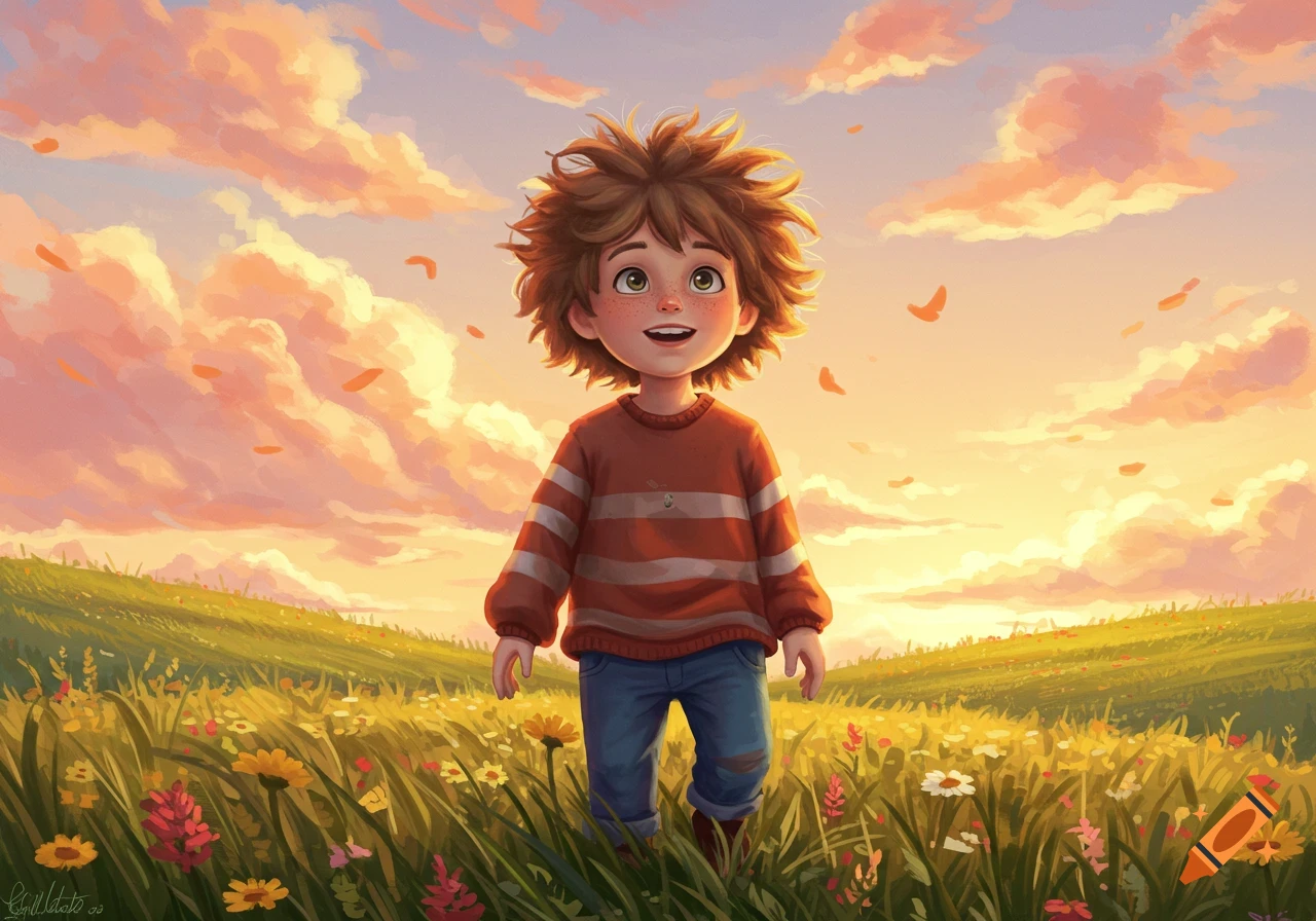 A whimsical illustration of a smiling boy with fluffy hair standing in a vibrant wildflower field at sunset.